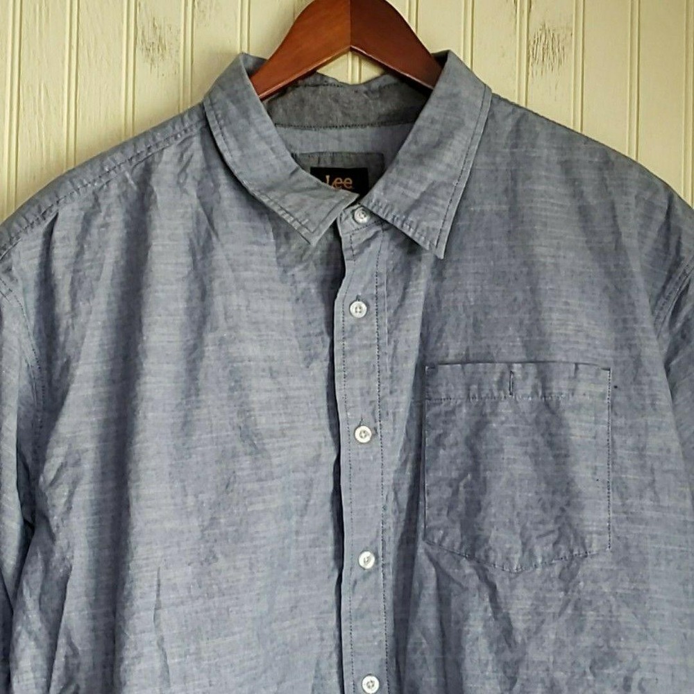 Lee Shirt Mens 2XL Blue Chambray Short Sleeve Button-Up Relaxed Fit Casual